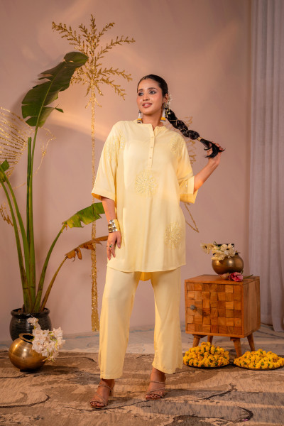 Light Yellow Whisper Embroidered Comfort Co-ord