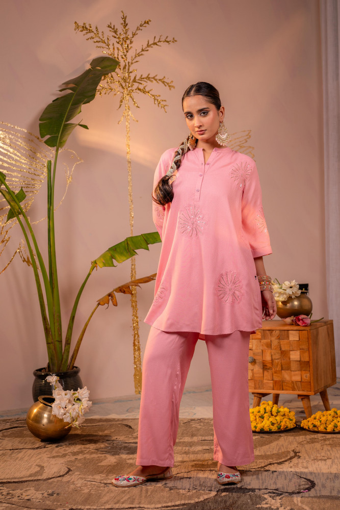 Pink Whisper Embroidered Comfort Co-ord