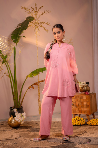 Pink Whisper Embroidered Comfort Co-ord