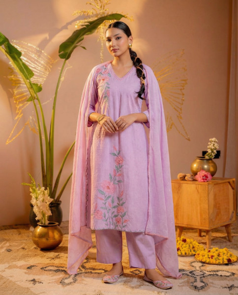 Lavender Embroidered Cotton Kurta Salwar Set