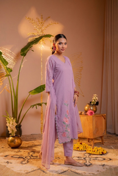 Lavender Embroidered Cotton Kurta Salwar Set