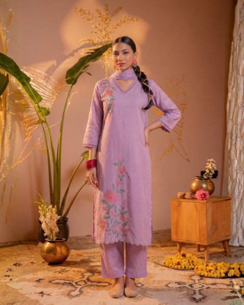 Lavender Embroidered Cotton Kurta Salwar Set