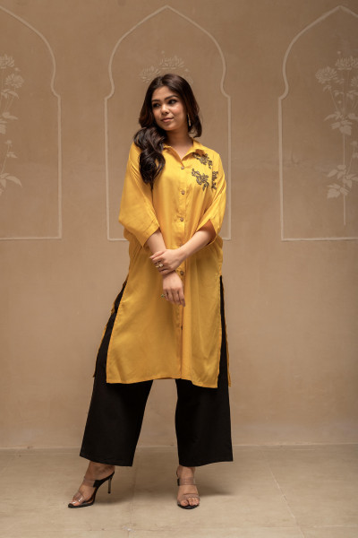 Mustard Solid Viscose Shirt with Beads Work