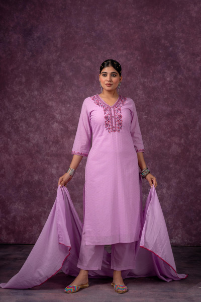 Lavender Embroidered Cotton Kurta Pant Set