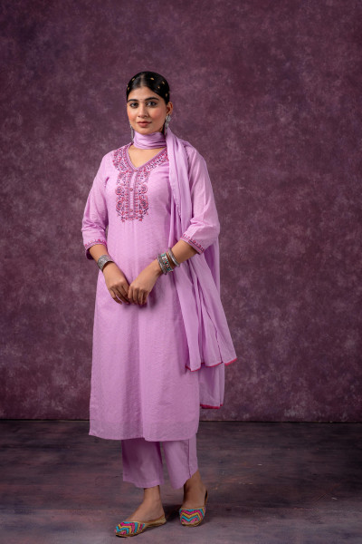 Lavender Embroidered Cotton Kurta Pant Set