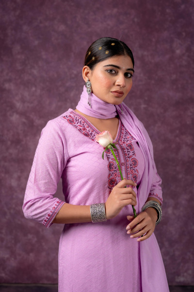 Lavender Embroidered Cotton Kurta Pant Set