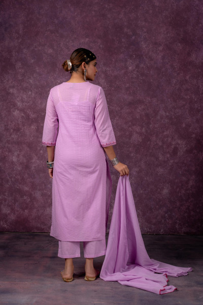 Lavender Embroidered Cotton Kurta Pant Set