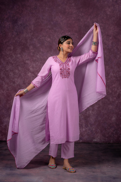 Lavender Embroidered Cotton Kurta Pant Set