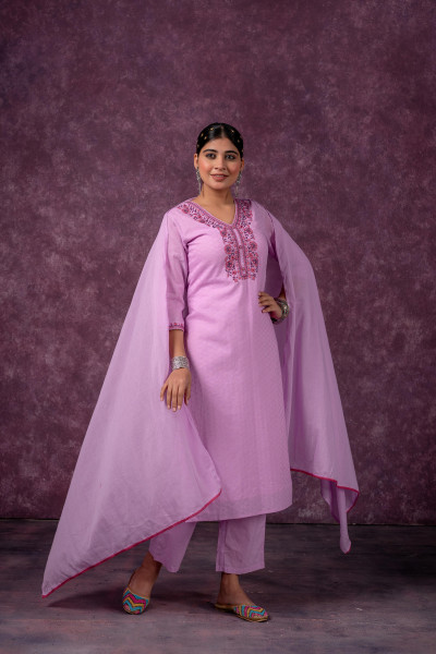 Lavender Embroidered Cotton Kurta Pant Set