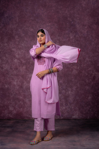 Lavender Embroidered Cotton Kurta Pant Set