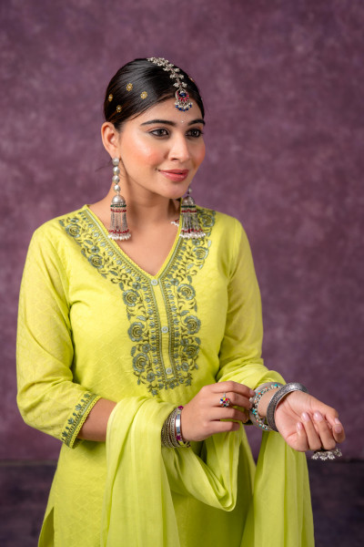 Lime Embroidered Cotton Kurta Pant Set