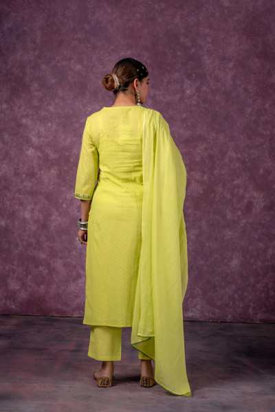 Lime Embroidered Cotton Kurta Pant Set