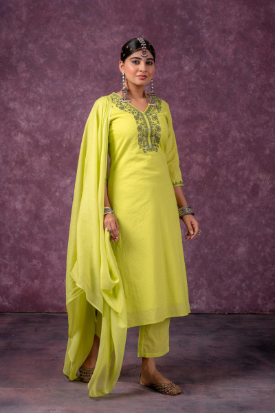 Lime Embroidered Cotton Kurta Pant Set
