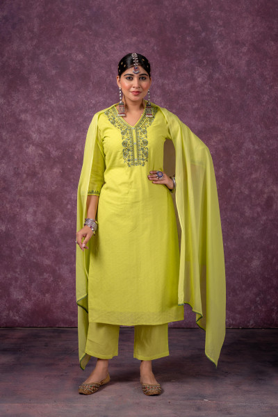 Lime Embroidered Cotton Kurta Pant Set