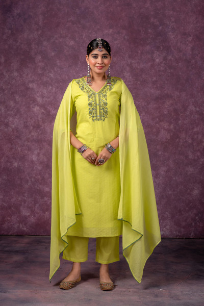 Lime Embroidered Cotton Kurta Pant Set