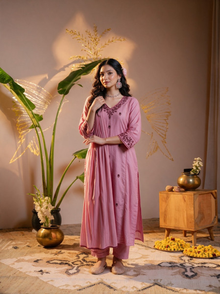 Pink Embroidered Cotton Kurta Pant Set