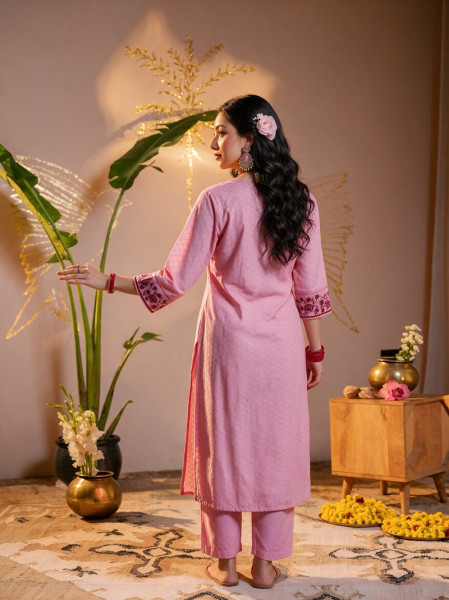 Pink Embroidered Cotton Kurta Pant Set