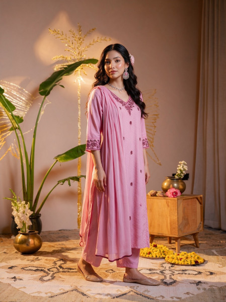 Pink Embroidered Cotton Kurta Pant Set