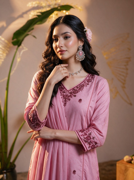 Pink Embroidered Cotton Kurta Pant Set