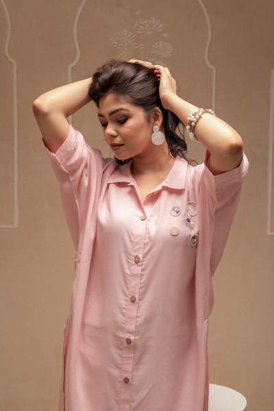 Light Pink Solid Viscose Shirt with Beads and Sequence Work
