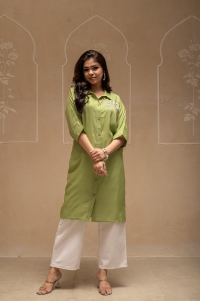 Sage Green Solid Viscose Shirt with Beads and Sequence Work