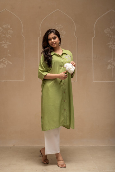 Sage Green Solid Viscose Shirt with Beads and Sequence Work