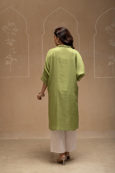 Sage Green Solid Viscose Shirt with Beads and Sequence Work