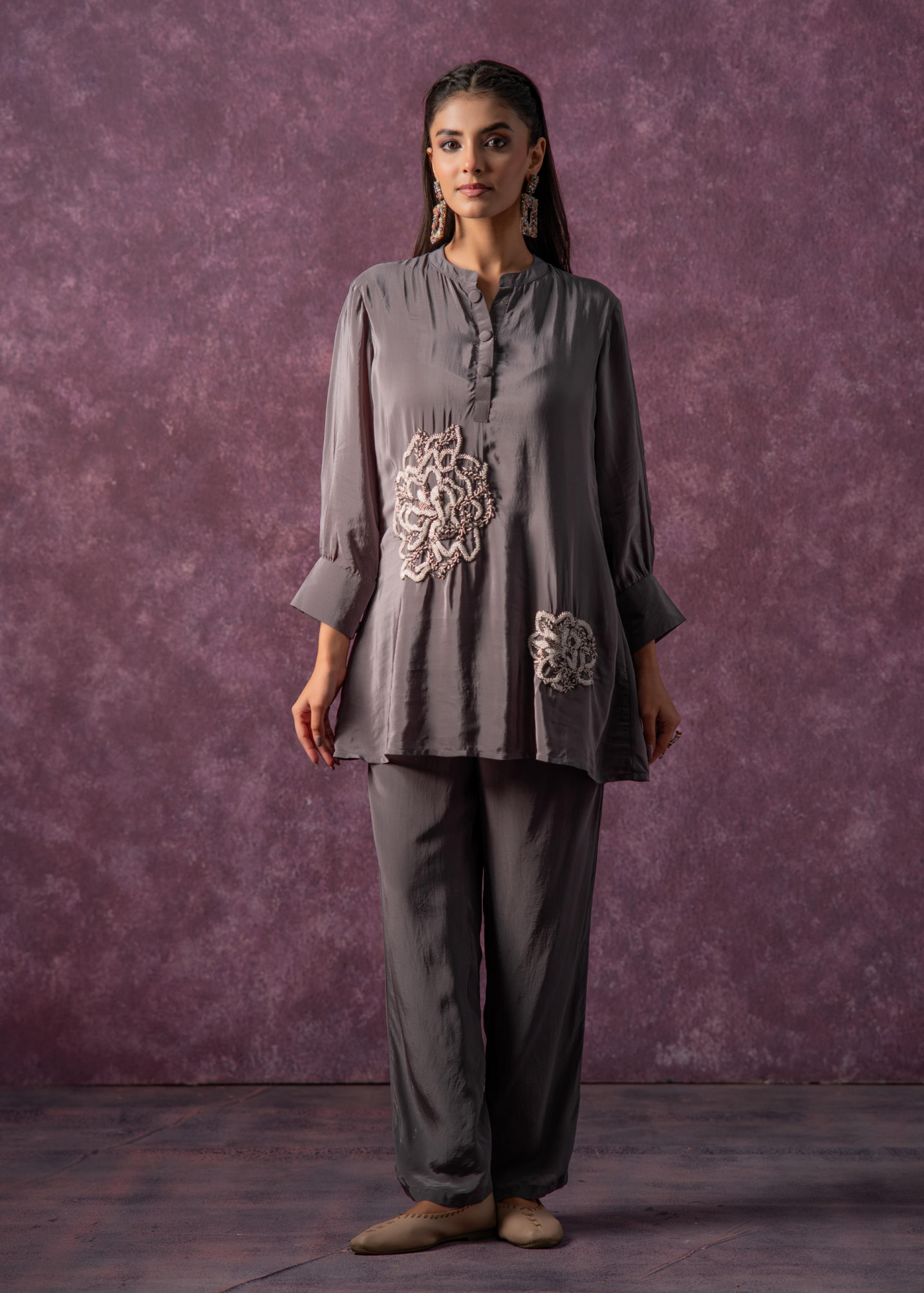 Viscose Grey Embellished Tunic and Pant Co-Ord Set with Bead Details