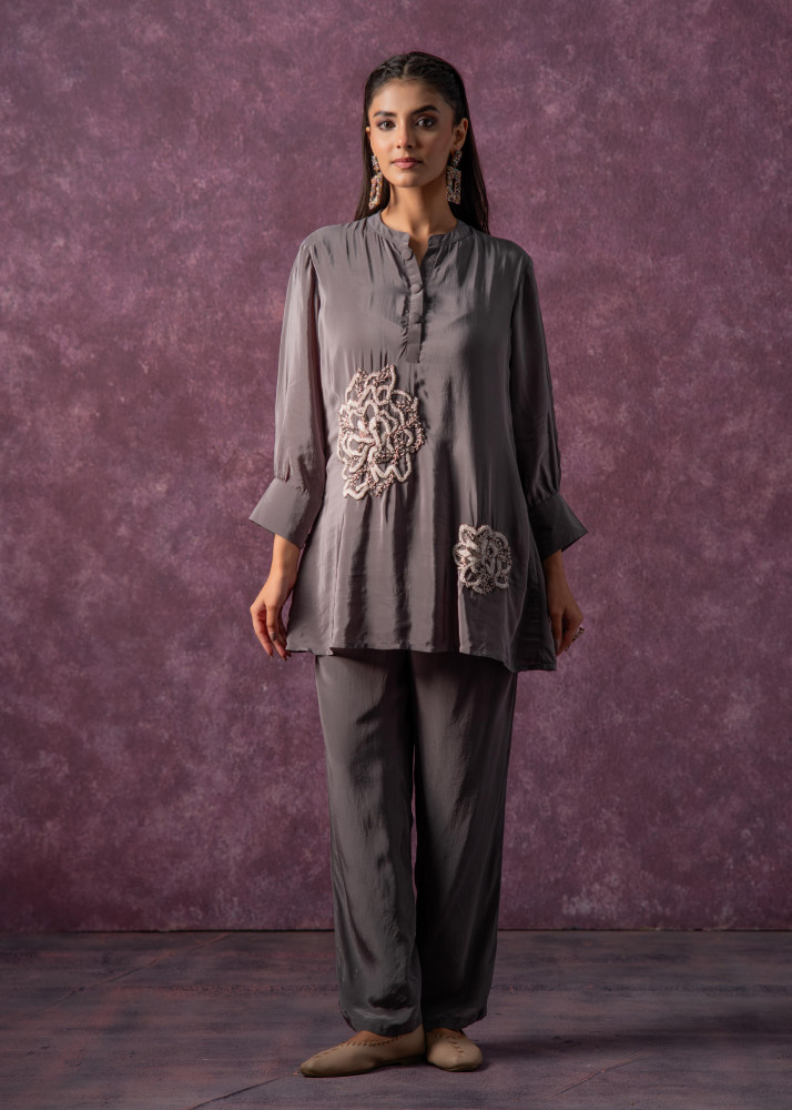 Viscose Grey Embellished Tunic and Pant Co-Ord Set with Bead Details
