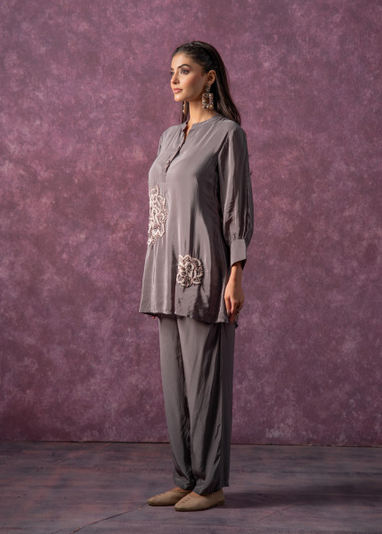 Viscose Grey Embellished Tunic and Pant Co-Ord Set with Bead Details