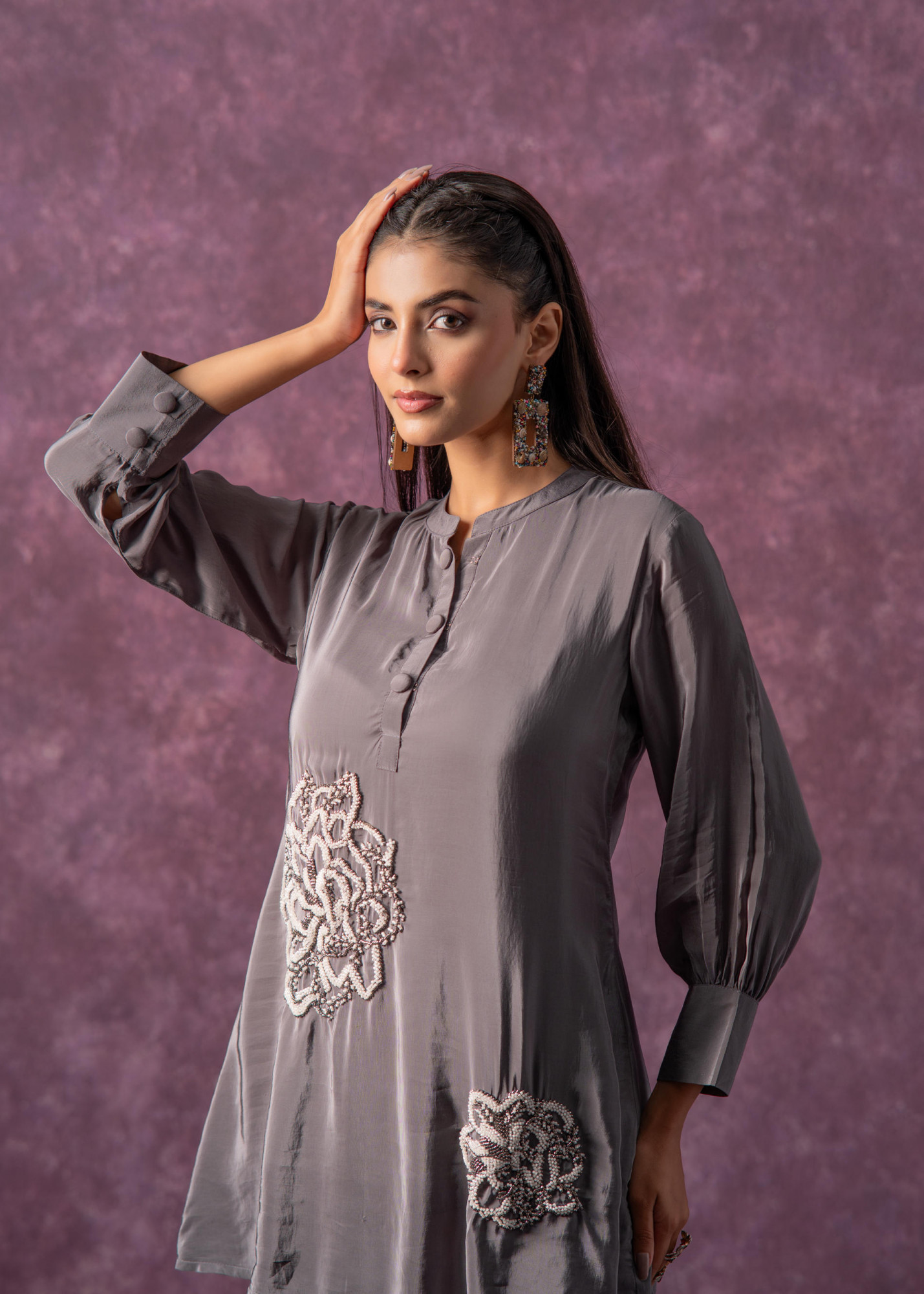 Viscose Grey Embellished Tunic and Pant Co-Ord Set with Bead Details