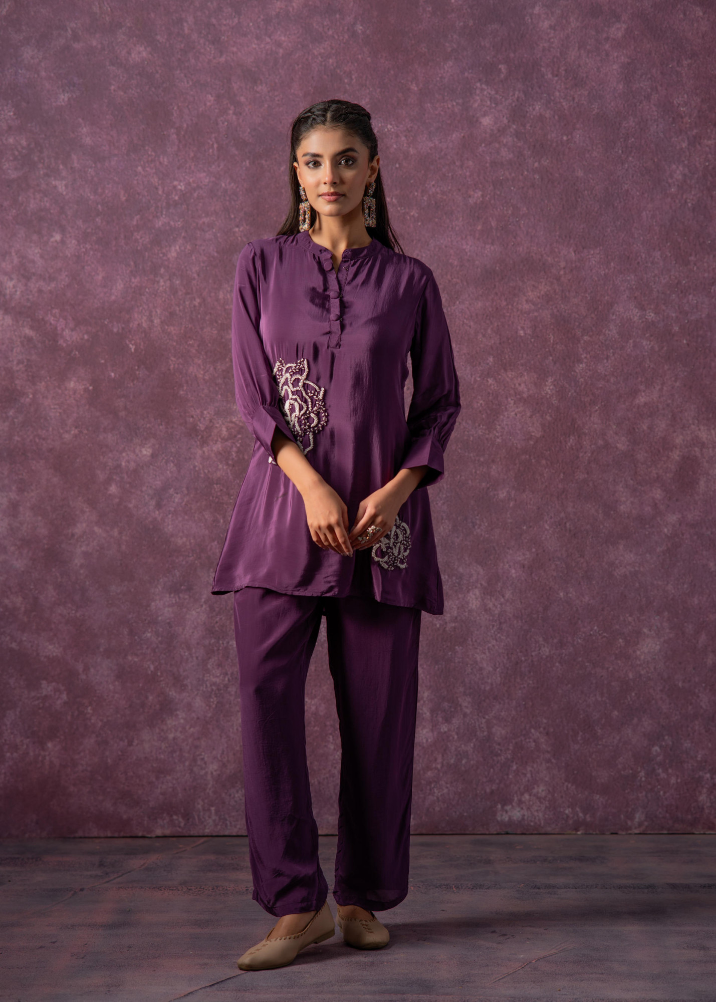 Viscose Purple Embellished Tunic and Pant Co-Ord Set with Bead Details