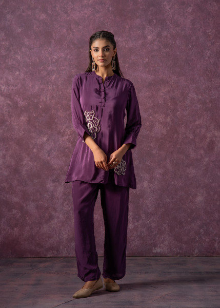 Viscose Purple Embellished Tunic and Pant Co-Ord Set with Bead Details