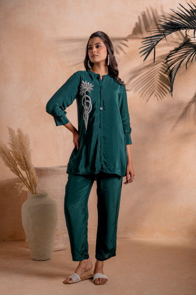 Bottle Green Embellished Viscose Co-ord Set with Bead Detailing