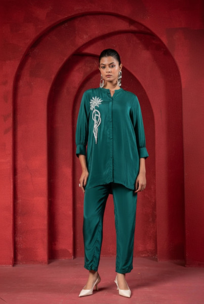 Bottle Green Embellished Viscose Co-ord Set with Bead Detailing
