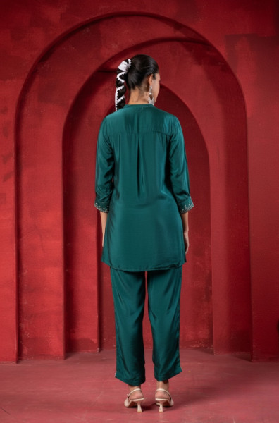 Bottle Green Embellished Viscose Co-ord Set with Bead Detailing
