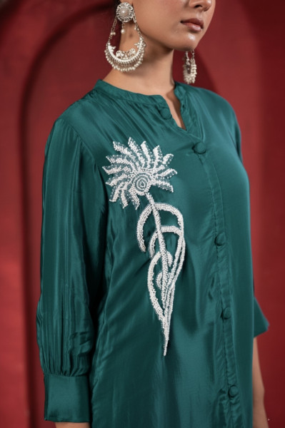 Bottle Green Embellished Viscose Co-ord Set with Bead Detailing