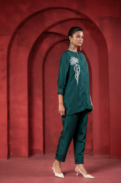 Bottle Green Embellished Viscose Co-ord Set with Bead Detailing