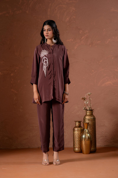Coffee Brown Embellished Viscose Co-ord Set with Bead Detailing