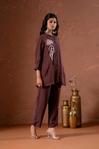 Coffee Brown Embellished Viscose Co-ord Set with Bead Detailing