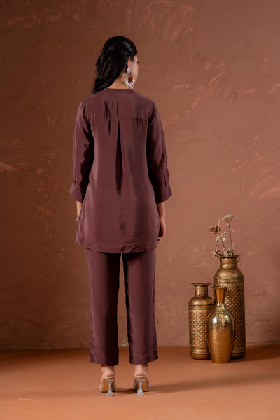 Coffee Brown Embellished Viscose Co-ord Set with Bead Detailing