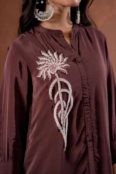 Coffee Brown Embellished Viscose Co-ord Set with Bead Detailing