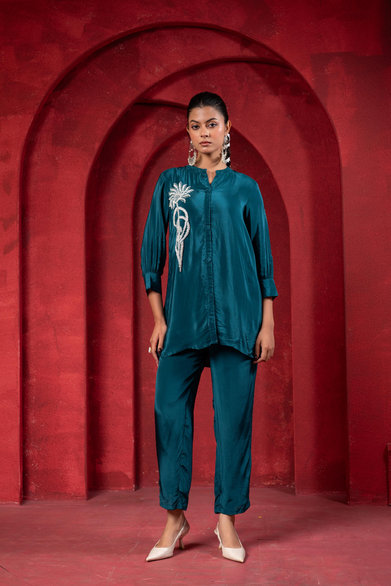 Teal Embellished Viscose Co-ord Set with Bead Detailing