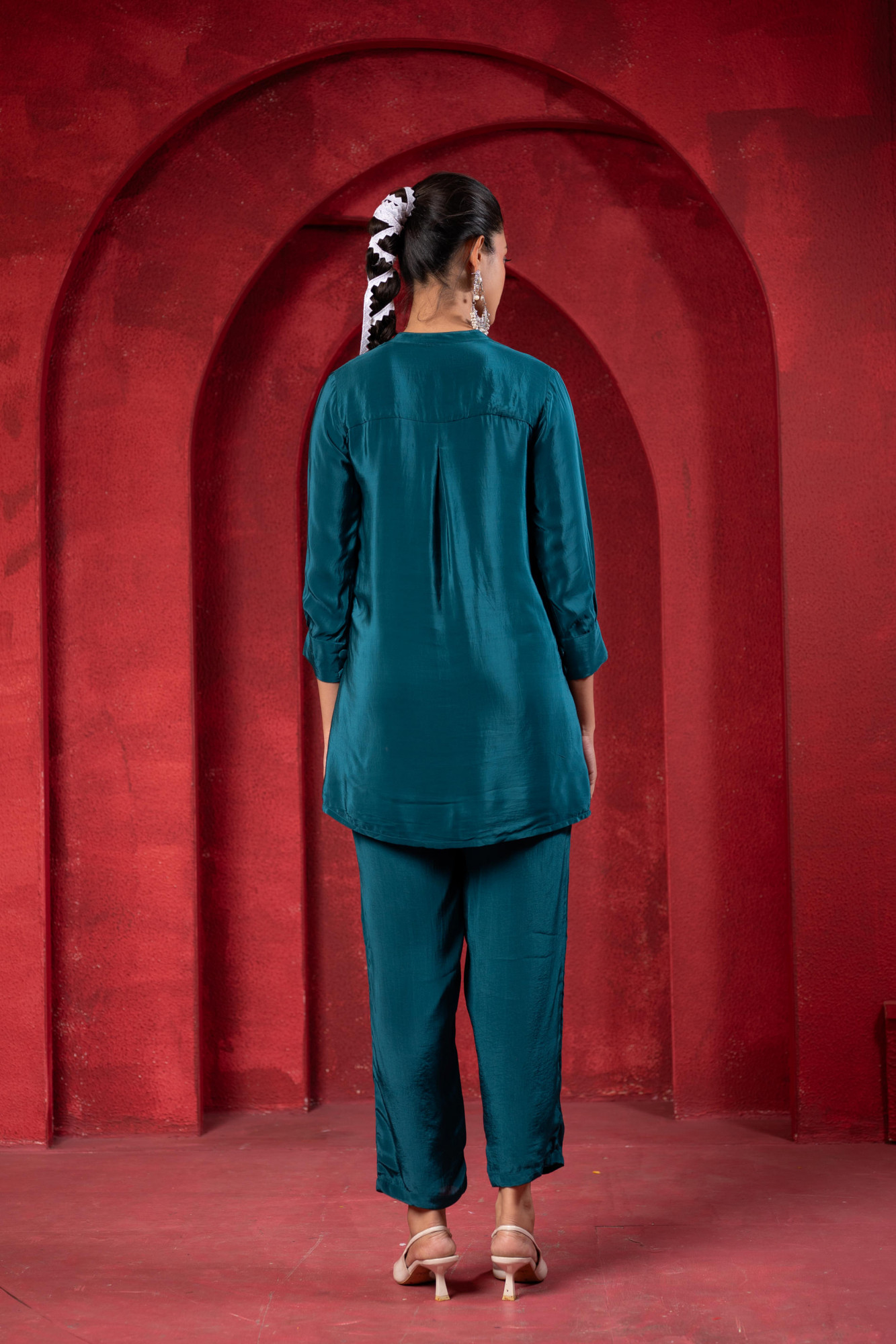 Teal Embellished Viscose Co-ord Set with Bead Detailing