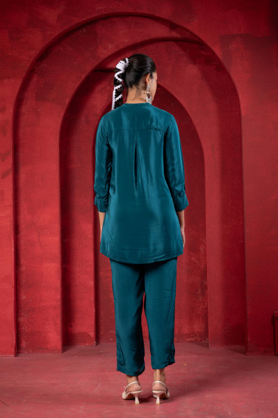 Teal Embellished Viscose Co-ord Set with Bead Detailing