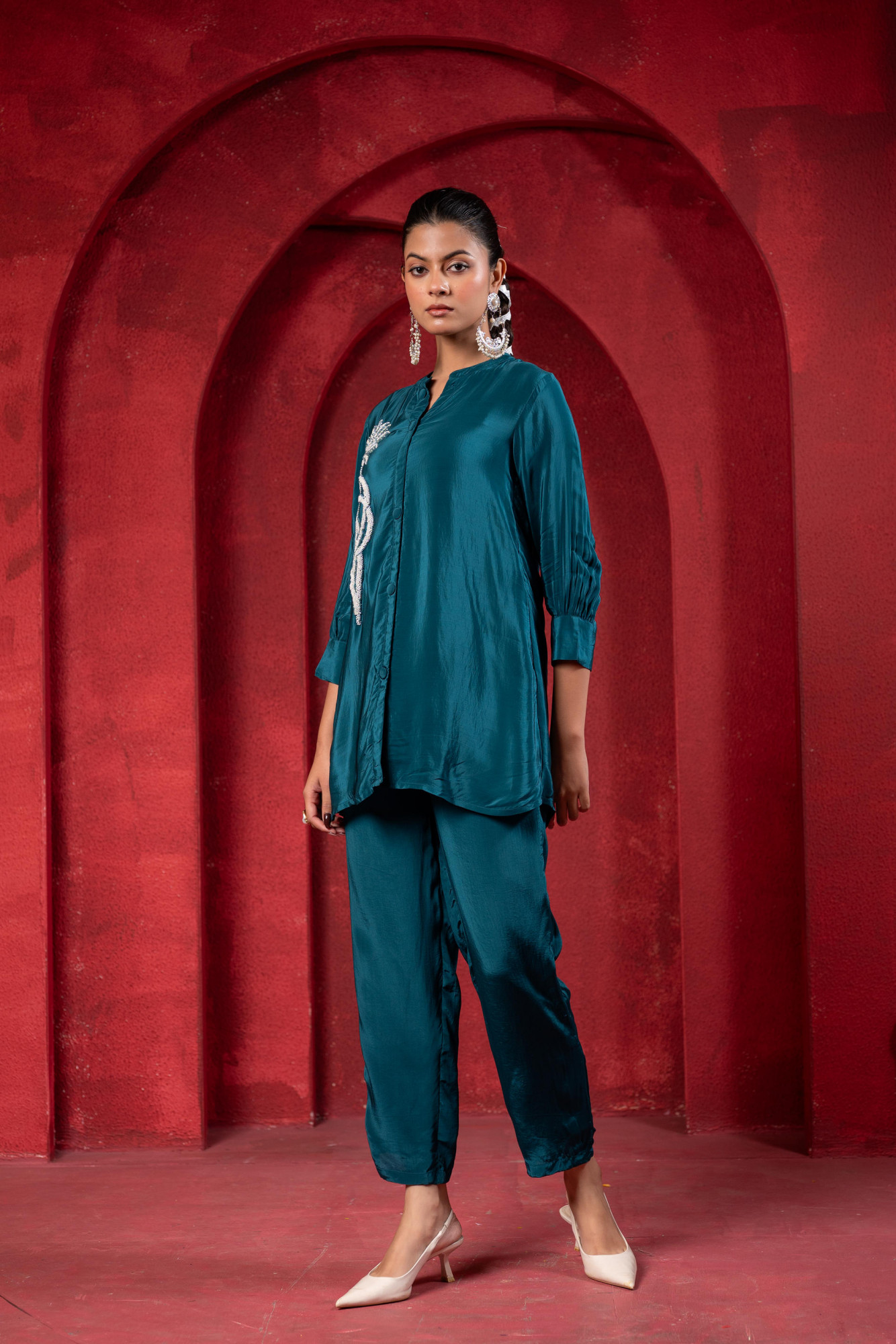 Teal Embellished Viscose Co-ord Set with Bead Detailing
