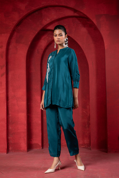 Teal Embellished Viscose Co-ord Set with Bead Detailing