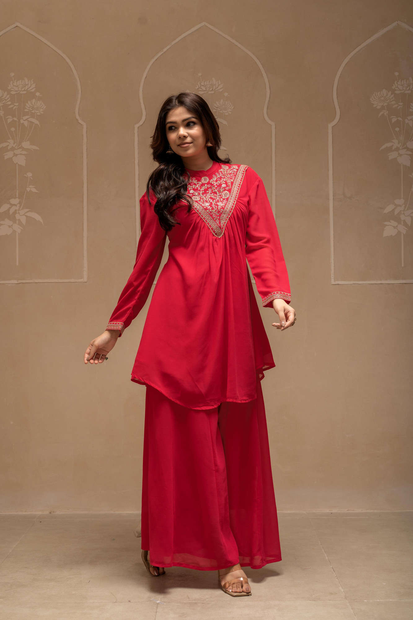 Fuchsia Solid Poly Georgette Tunic and Sharara Co-ord Set with Sequence and Zari Work