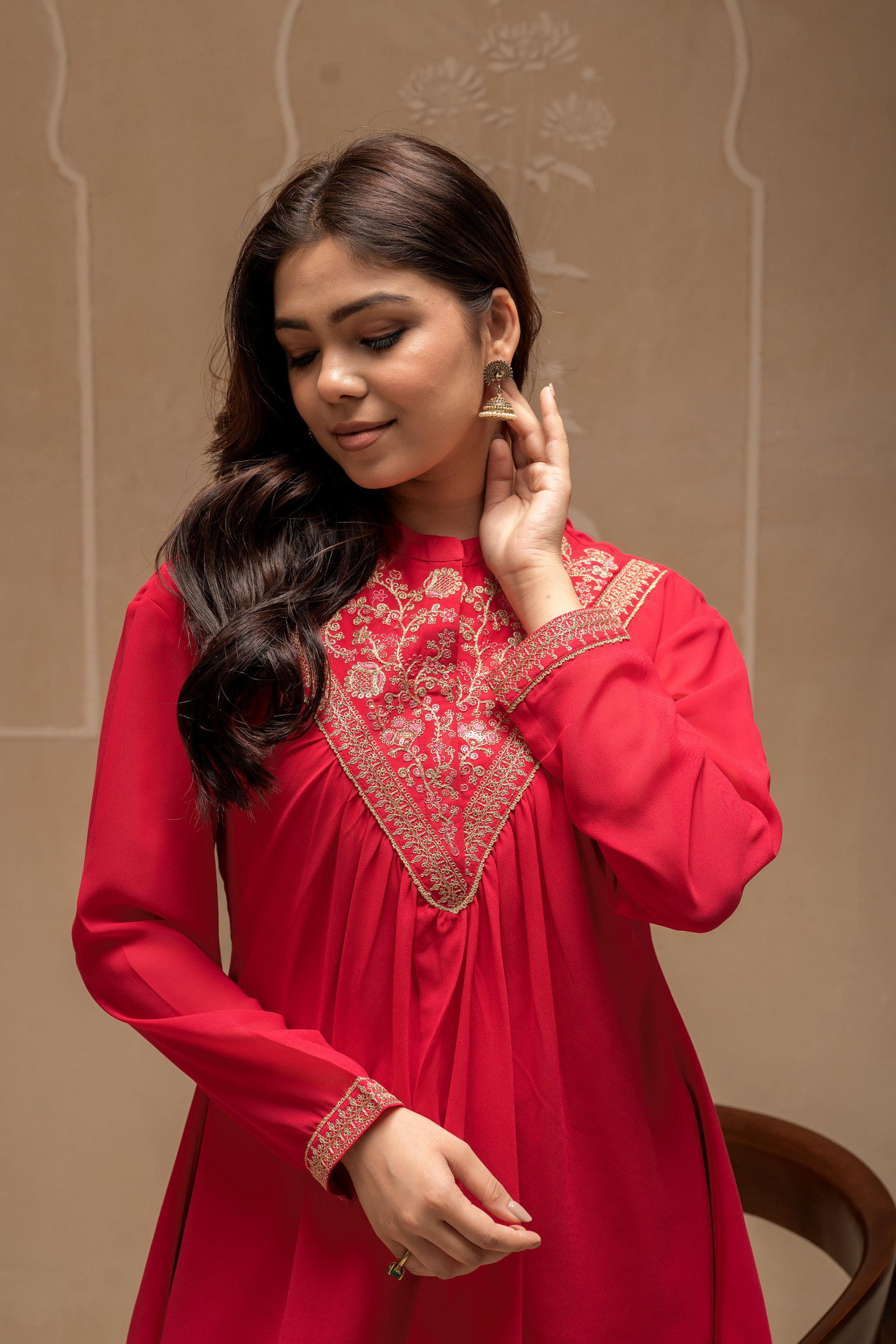 Fuchsia Solid Poly Georgette Tunic and Sharara Co-ord Set with Sequence and Zari Work