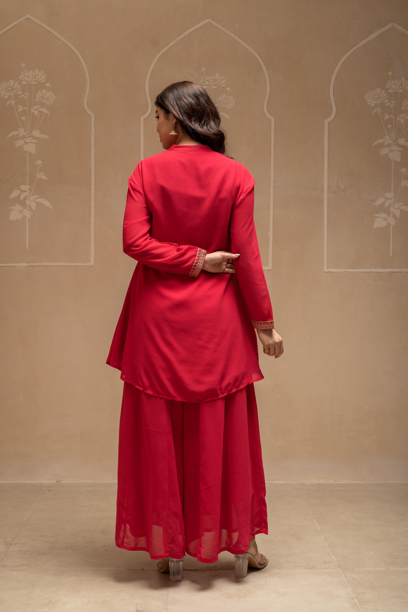 Fuchsia Solid Poly Georgette Tunic and Sharara Co-ord Set with Sequence and Zari Work